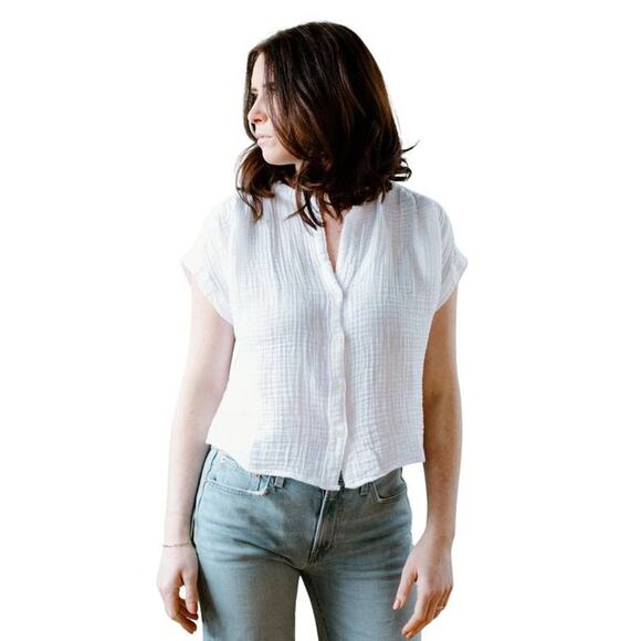 Felicite Cotton Gauze Short Sleeve Button Up Top in NAVY BLUE 2918-113 Size 1 XS - Picture 2 of 6